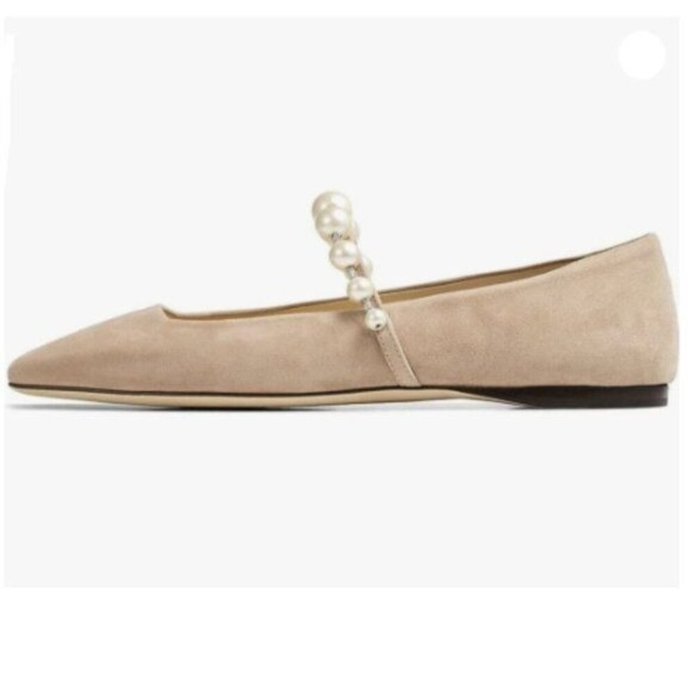 FOWT Women Square Toe Slip on Flats Pearl Studded Strap Elegant Pumps  Nude